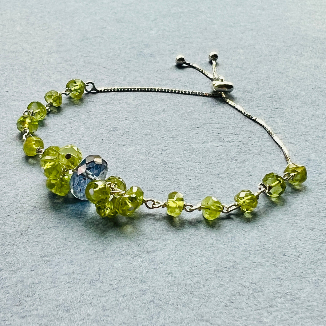 Sterling Silver Blue quartz and Peridot Healing adjustable bracelet