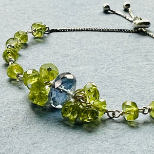 Sterling Silver Blue quartz and Peridot Healing adjustable bracelet