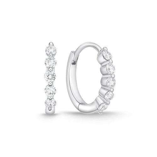18K White Gold 5 stones Diamond Hoop Huggies Earrings