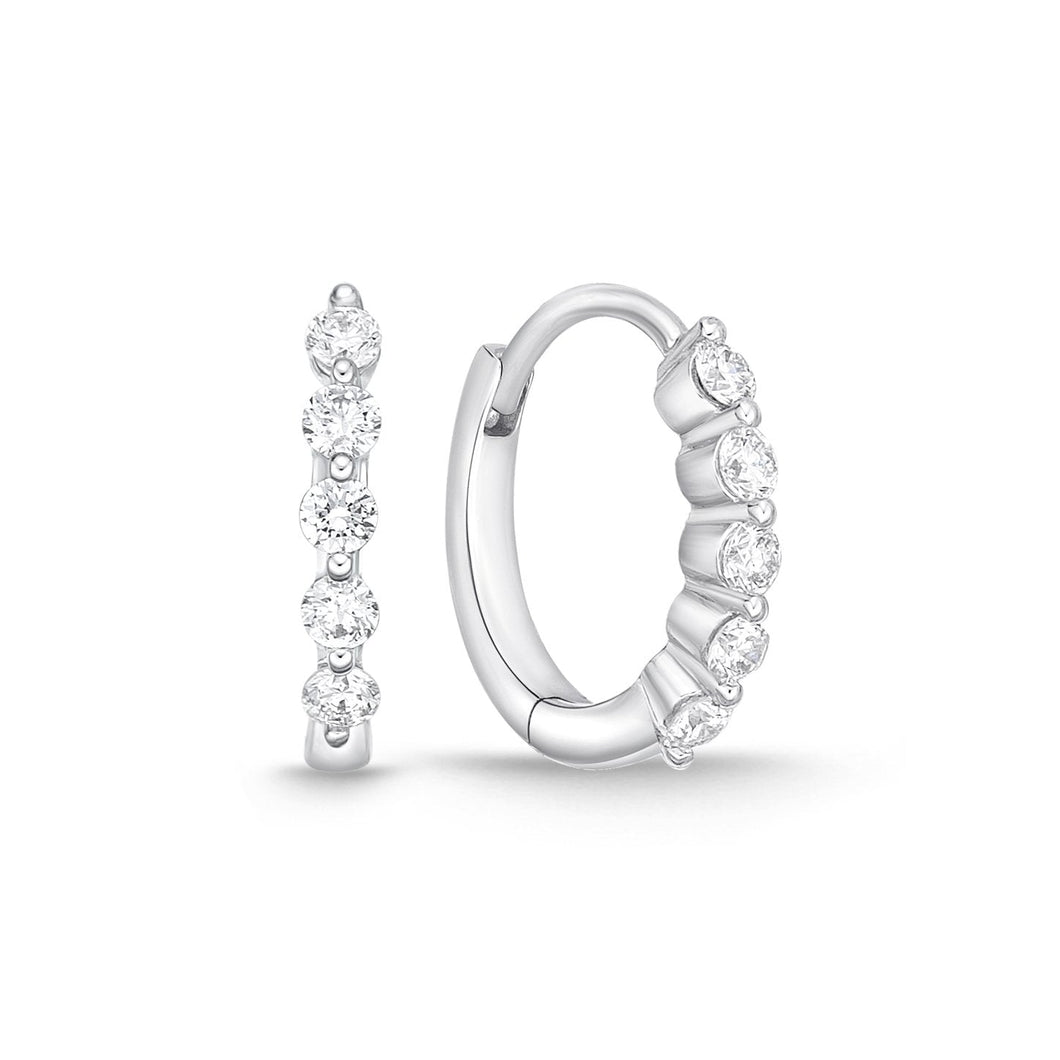 18K White Gold 5 stones Diamond Hoop Huggies Earrings
