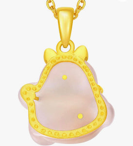 24K pure Gold and Rose Quartz Pendant- Maneki-Neko Happiness Cat Pendant