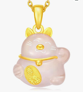 24K pure Gold and Rose Quartz Pendant- Maneki-Neko Happiness Cat Pendant