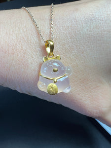 24K pure Gold and Rose Quartz Pendant- Maneki-Neko Happiness Cat Pendant